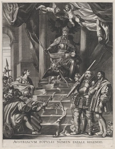 Plate 21: Emperor Charles V being offered the keys of Saxony and Hesse; from Guillielmus Becanus's 'Serenissimi Principis Ferdinandi, Hispaniarum Infantis...' by Anton van der Does, print, 1636