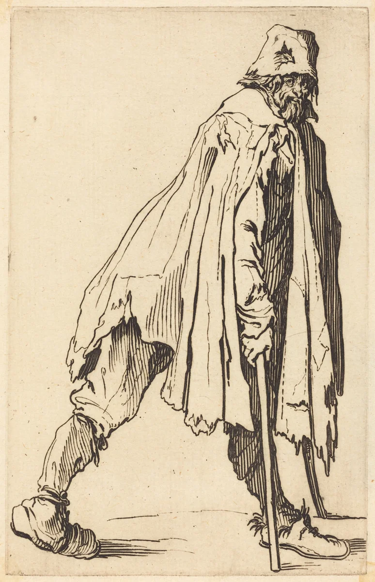 Beggar with Crutches and Cap by Jacques Callot, print, 1622
