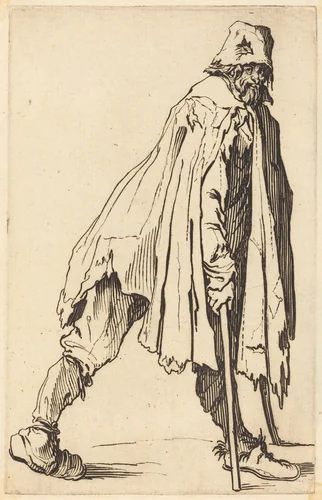 Beggar with Crutches and Cap by Jacques Callot, print, 1622