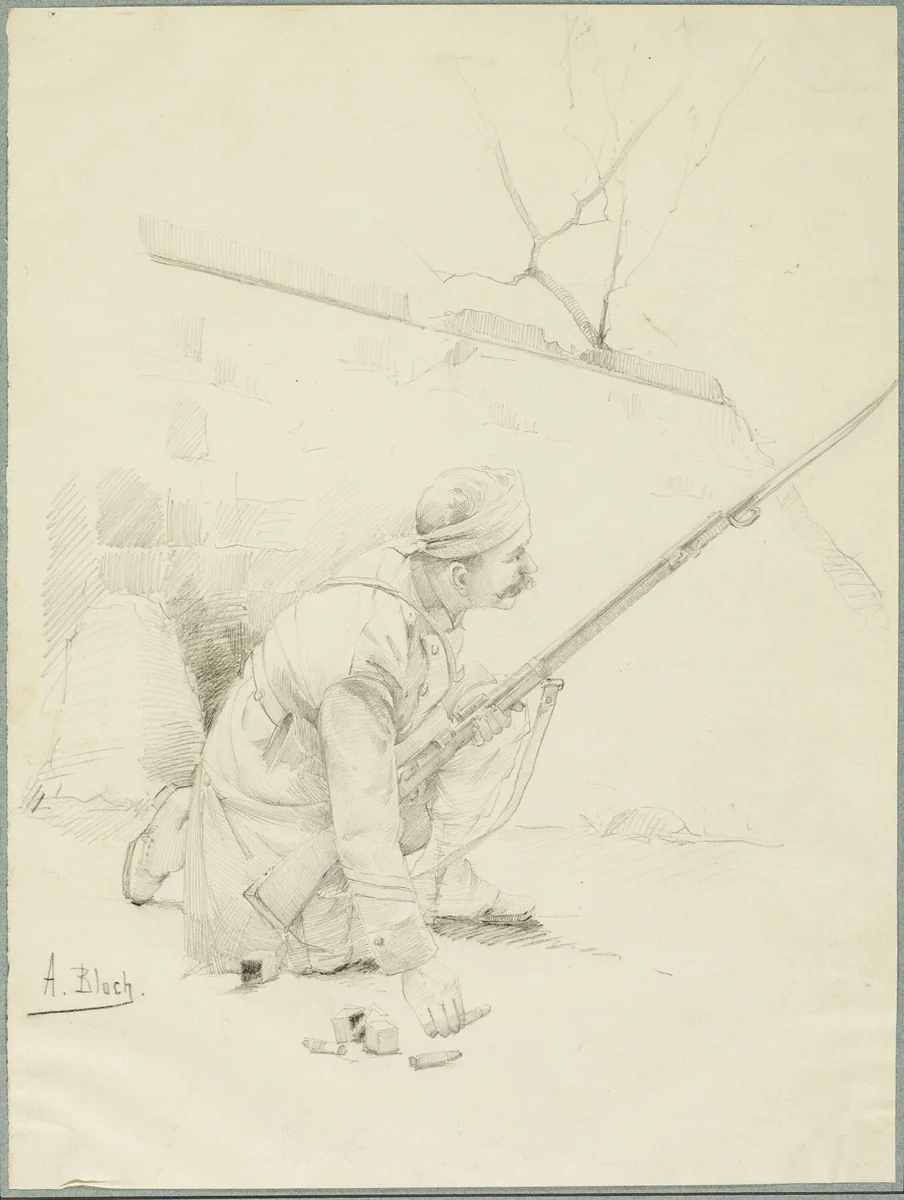 Wounded Soldier Loading his Rifle by Alexandre Bloch, drawing, 1892-1902