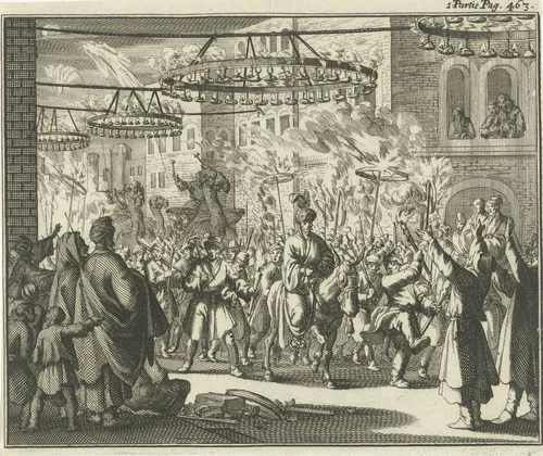 Optocht op vastenavond met fakkellicht en muziek by Jan Luyken, print, 1689
