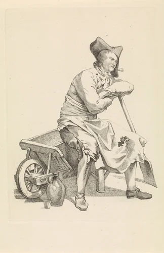 Man zittend op de rand van een kruiwagen by Mathias de Sallieth, print, 1772-1791