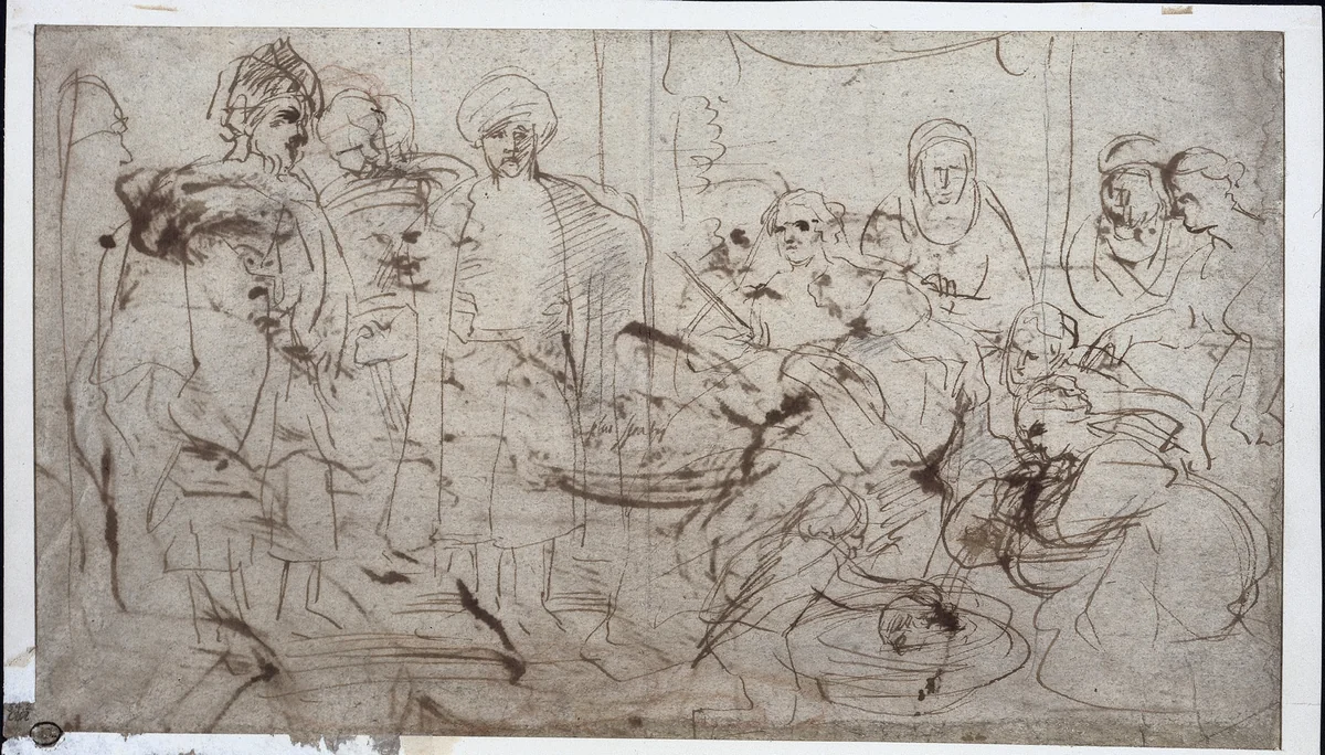 Tomyris with the Head of Cyrus (verso) by Peter Paul Rubens, drawing, 1637-1638