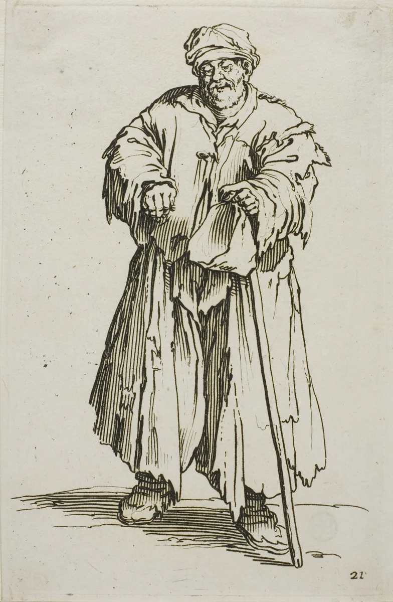 The Obese Beggar with Lowered Eyes, plate 21 from The Beggars by Jacques Callot, print, 1617-1627