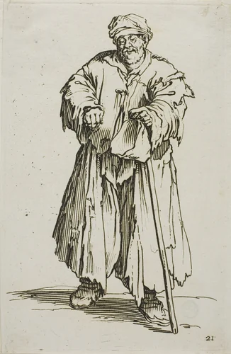 The Obese Beggar with Lowered Eyes, plate 21 from The Beggars by Jacques Callot, print, 1617-1627