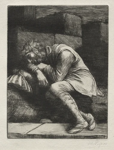 The Sleeping Beggar by Alphonse Legros, print, 1857-1911