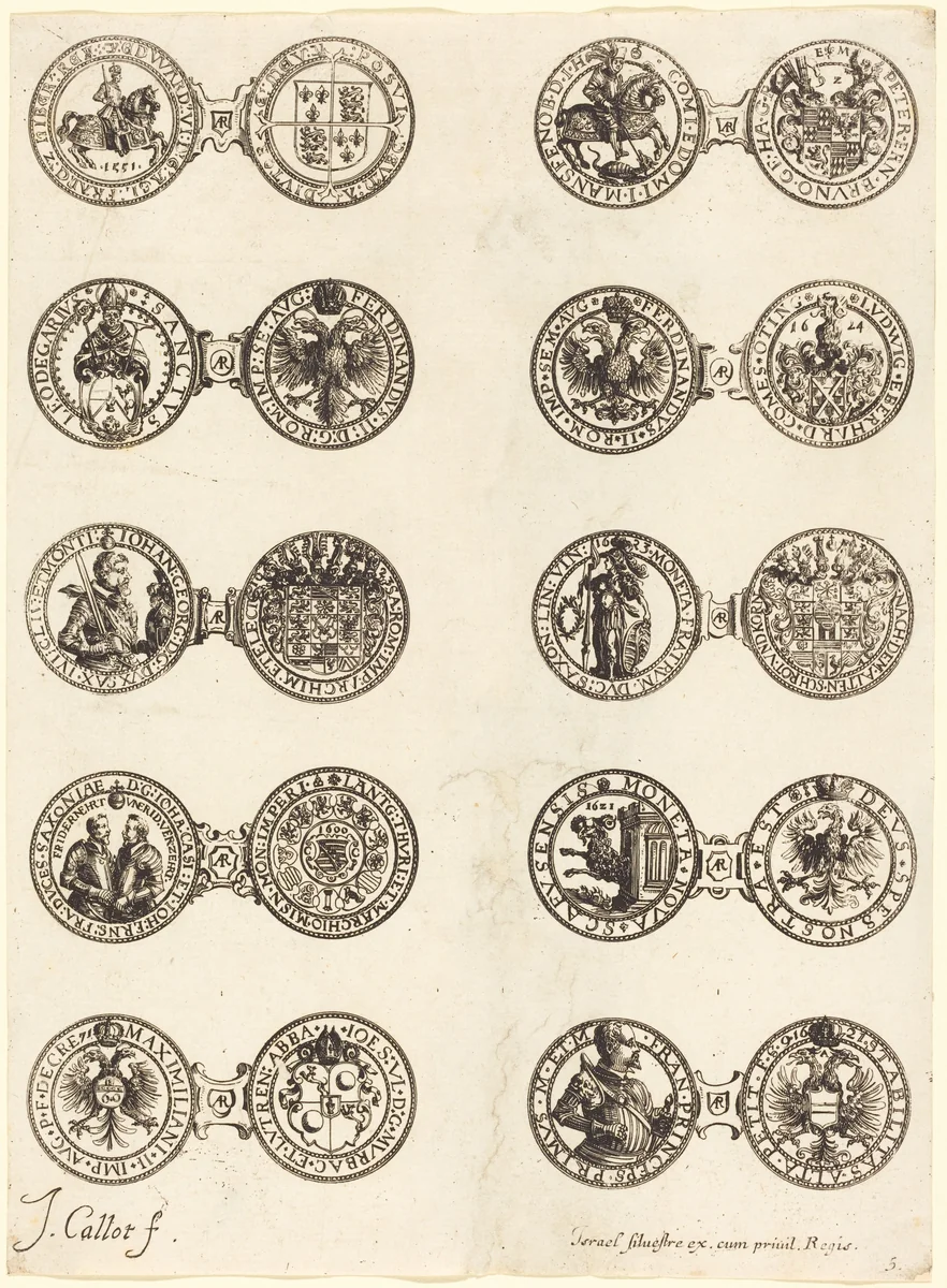 Coins [plate 5] by Jacques Callot, print, 1624-1634