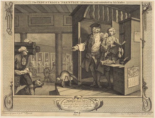 The Industrious 'Prentice a Favorite, and entrusted by his Master by William Hogarth, print, 1747