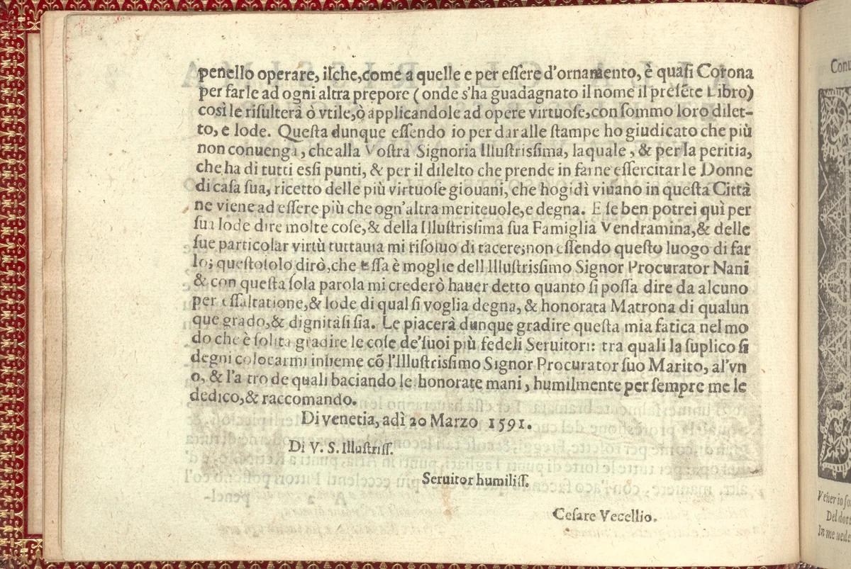 Corona delle Nobili et Virtuose Donne: Libro I-IV, page 2 (verso) by Cesare Vecellio, book, 1601