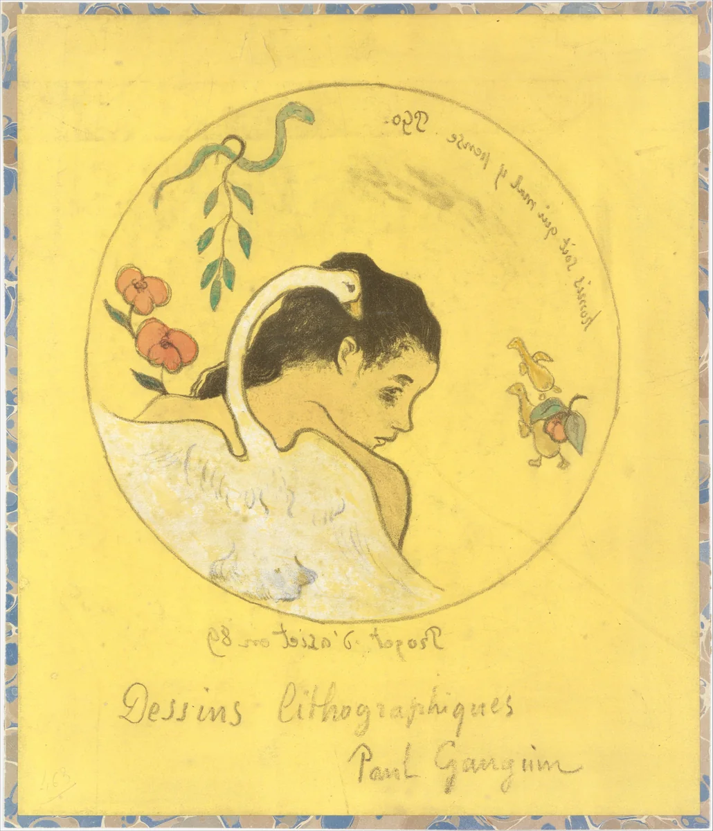 ("Leda") Design for a Plate: Shame on Those Who Evil Think (Honi Soit Qui Mal y Pense) ; cover illustration for the "Volpini Suite" entitled Lithographic Drawings (Dessins lithographiques) by Paul Gauguin, print, 1889