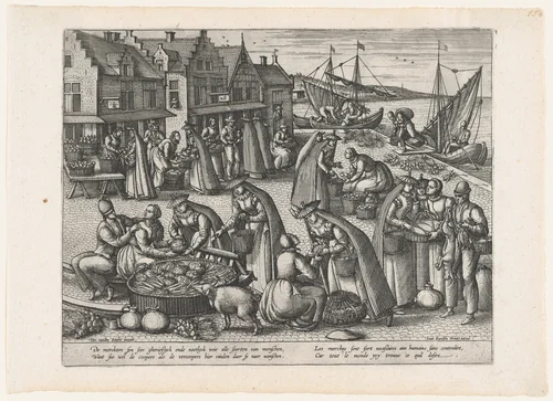 Vegetable Market, from the pair Meat Market and Vegetable Market by Peeter van der Borcht, print, 1570-1580