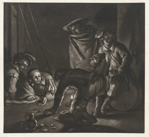 Dobbelende soldaten bij kaarslicht by Jan van Somer, print, 1655-1700