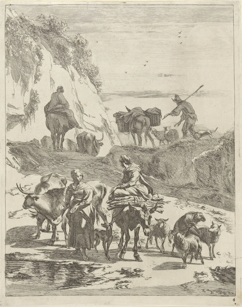 Herders bij een voorde in het gebergte by Jan de Visscher, print, 1650-1701