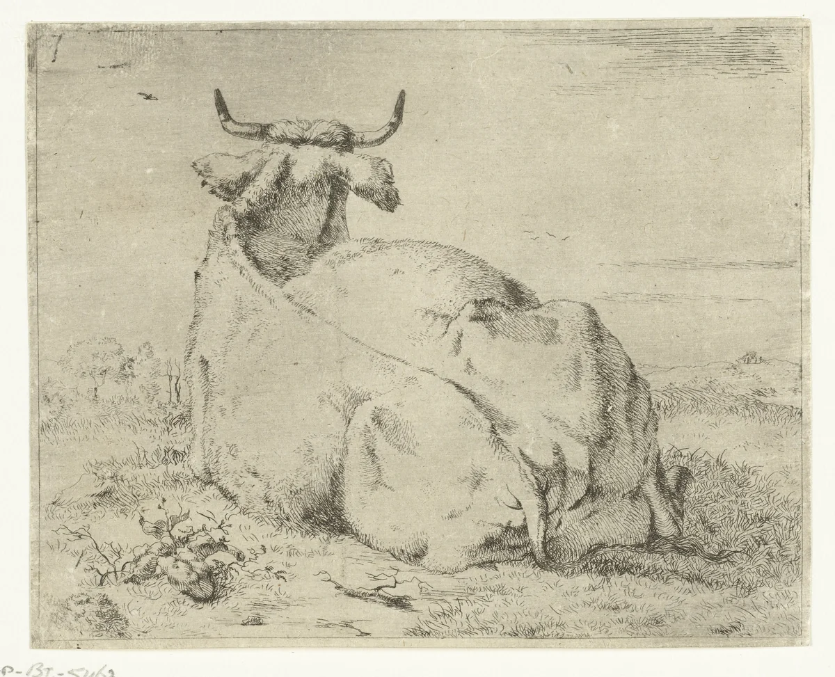 Liggende koe, van achter gezien by Marcus de Bye, print, 1657-1688