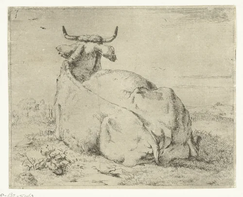 Liggende koe, van achter gezien by Marcus de Bye, print, 1657-1688