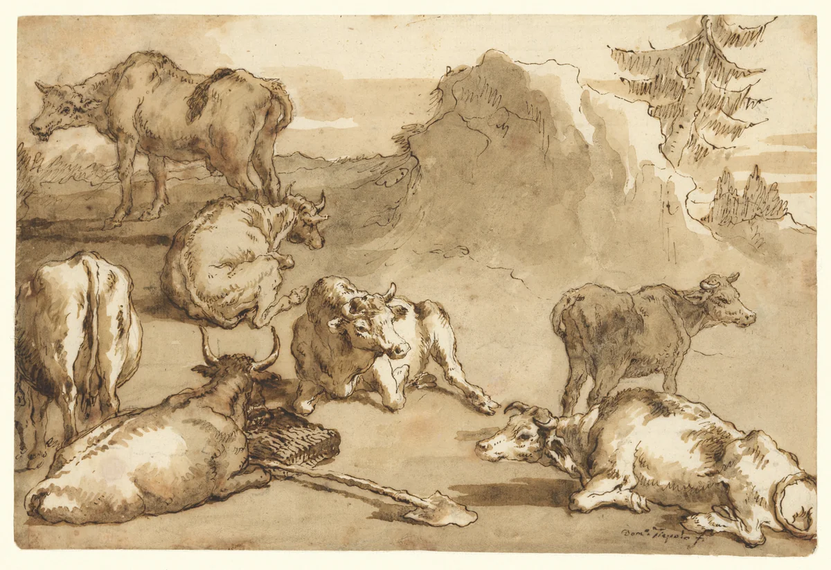 Cattle in a Landscape by Giovanni Domenico Tiepolo, drawing, 1736-1804