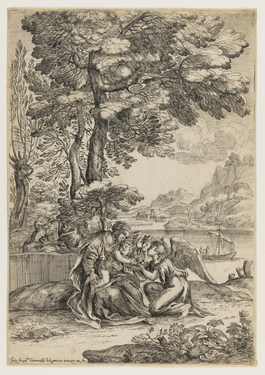 The Holy Family on the Rest on the Flight into Egypt by Giovanni Francesco Grimaldi, print, 1630-1680