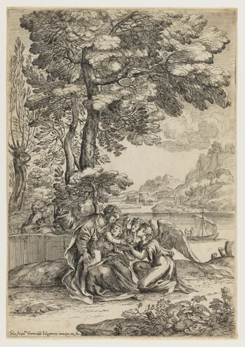 The Holy Family on the Rest on the Flight into Egypt by Giovanni Francesco Grimaldi, print, 1630-1680