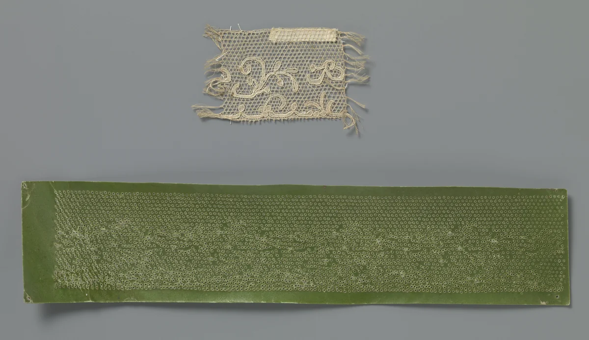 Strook kloskant met groene prikkaart of geprikt kantpatroon by anonymous, textile, 1800-1899