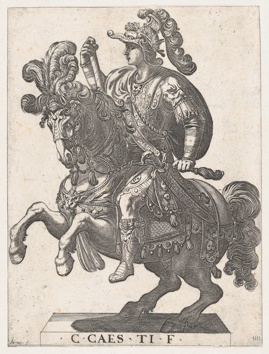 Plate 4: Emperor Gaius on Horseback, from 'The First Twelve Roman Caesars' by Antonio Tempesta, print, 1596
