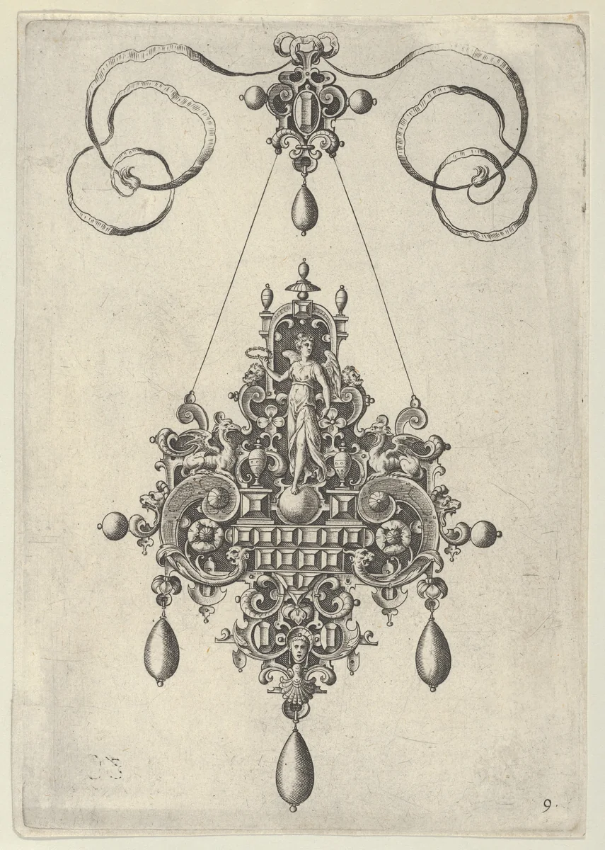 Pendant Design with Winged Victory Holding a Laurel Wreath by Jan Collaert, print, 1581-1636