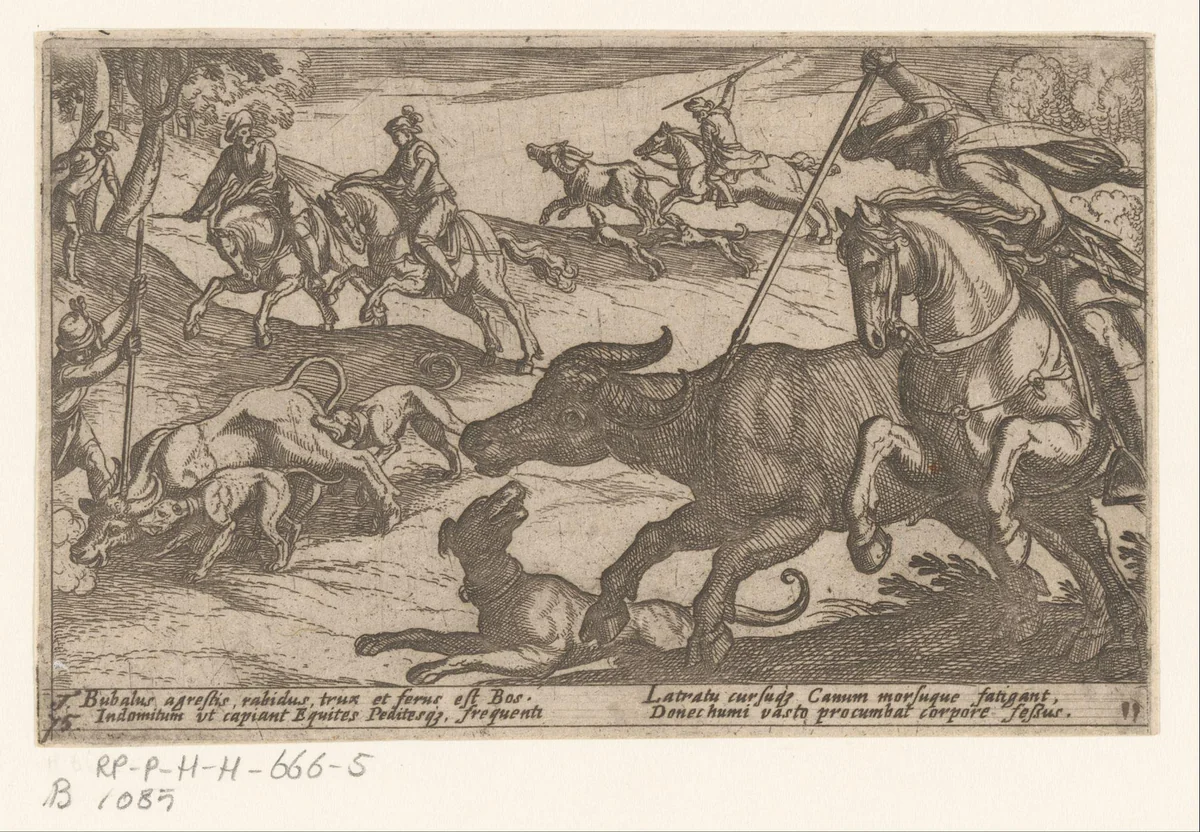 Jacht op wilde ossen by Antonio Tempesta, print, 1605
