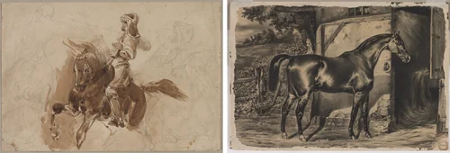 Armored Figure on Horseback (recto); Horse in Front of a Barn (verso) by Eugène Delacroix, drawing, 1823-1833