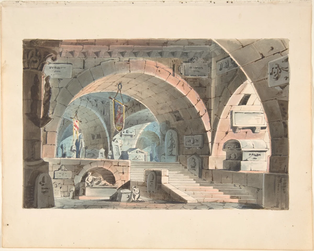 Crypt with a Kneeling Mourner by anonymous, drawing, 1830-1840