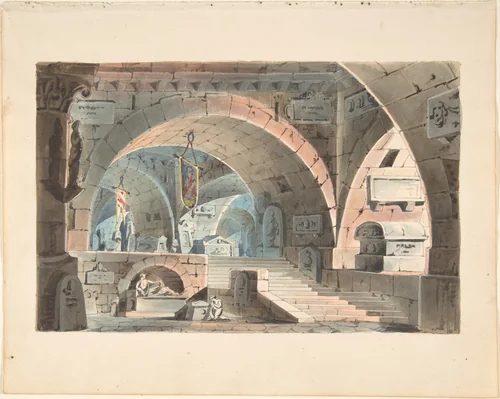 Crypt with a Kneeling Mourner by anonymous, drawing, 1830-1840
