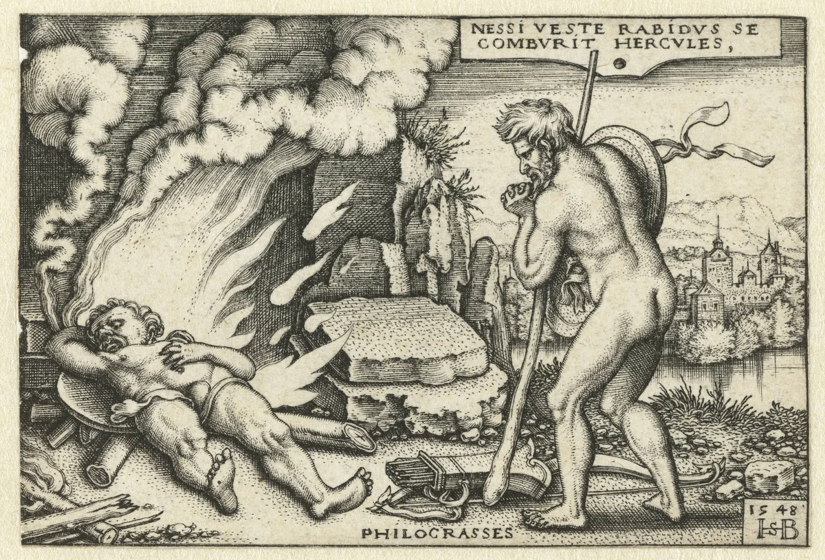 Dood van Hercules op brandstapel en Philoctetes by Unknown, print, 1548