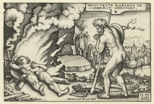 Dood van Hercules op brandstapel en Philoctetes by Unknown, print, 1548