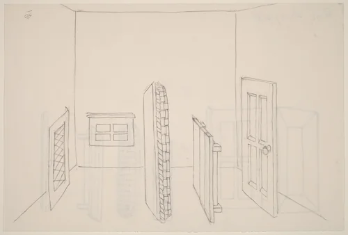 Basket, Table, Door, Window, Mirror, Rug #39 [recto] by Richard Artschwager, drawing, 1974