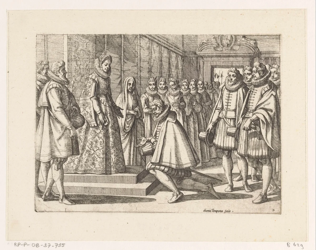 De boodschappers van Filips II van Spanje voor Margaretha van Oostenrijk by Unknown, print, 1565-1630