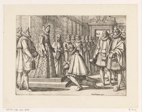 De boodschappers van Filips II van Spanje voor Margaretha van Oostenrijk by Unknown, print, 1565-1630