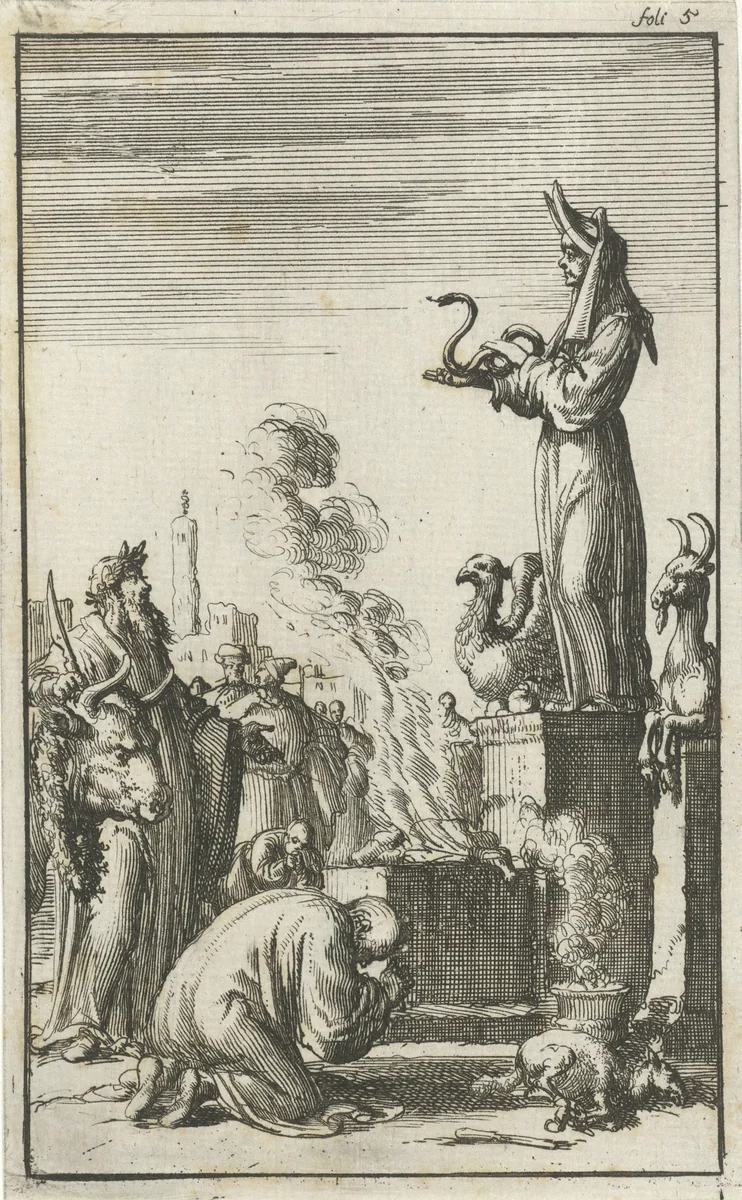 Gij zult geen afgoden vereren: het eerste Gebod by Jan Luyken, print, 1685