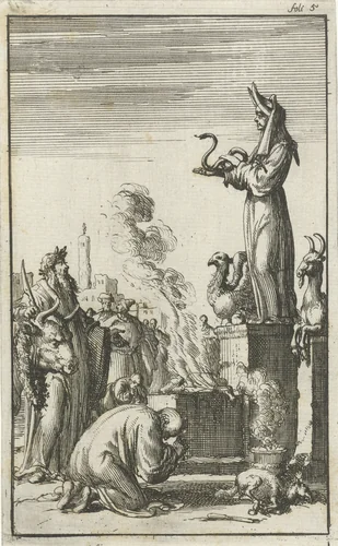 Gij zult geen afgoden vereren: het eerste Gebod by Jan Luyken, print, 1685