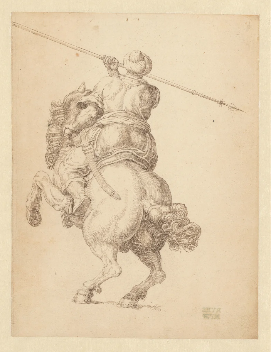 Ruiter met speer, op de rug gezien by anonymous, drawing, 1590-1612