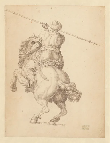 Ruiter met speer, op de rug gezien by anonymous, drawing, 1590-1612