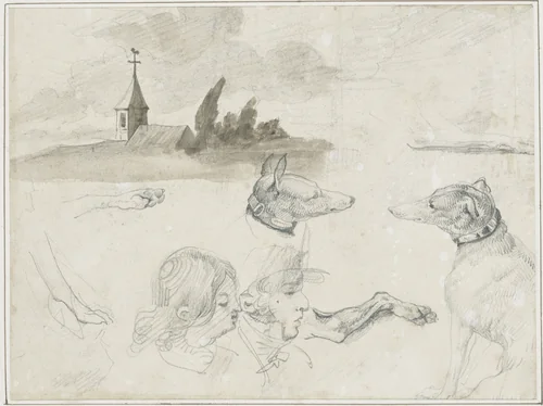 Sheet of Sketches: Greyhounds; A Male and a Female Head in by Jean Louis André Théodore Géricault, drawing, 1813-1814