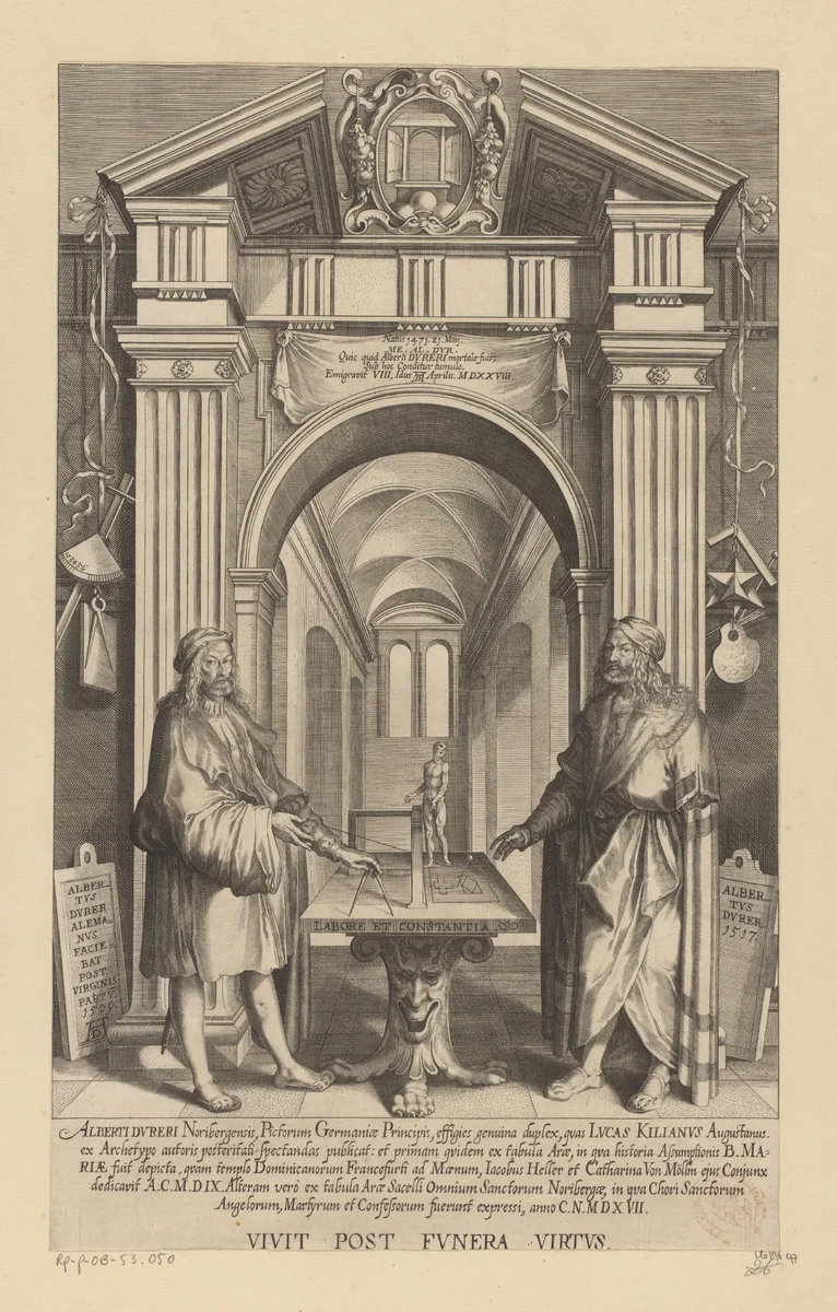 Dubbelportret van Albrecht Dürer in een eregalerij by Lucas Kilian, print, 1589-1637