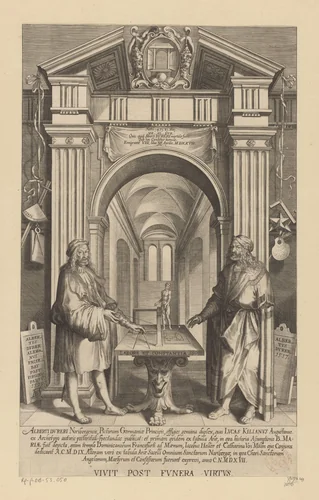 Dubbelportret van Albrecht Dürer in een eregalerij by Lucas Kilian, print, 1589-1637