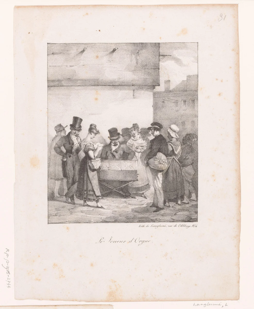 Orgelspeler met toehoorders op straat by anonymous, print, 1820-1830