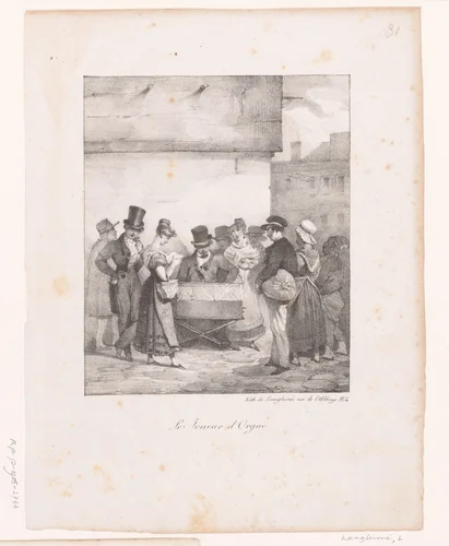 Orgelspeler met toehoorders op straat by anonymous, print, 1820-1830