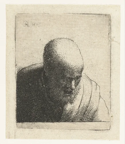 Bald man with open mouth, looking down: bust by Rembrandt van Rijn, print, 1631