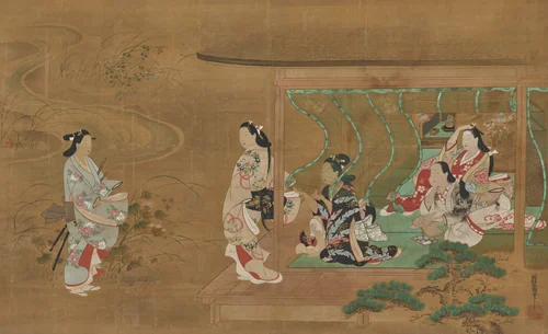 Beauty Receiving a Visitor by Tamura Suio, painting, 1680-1730