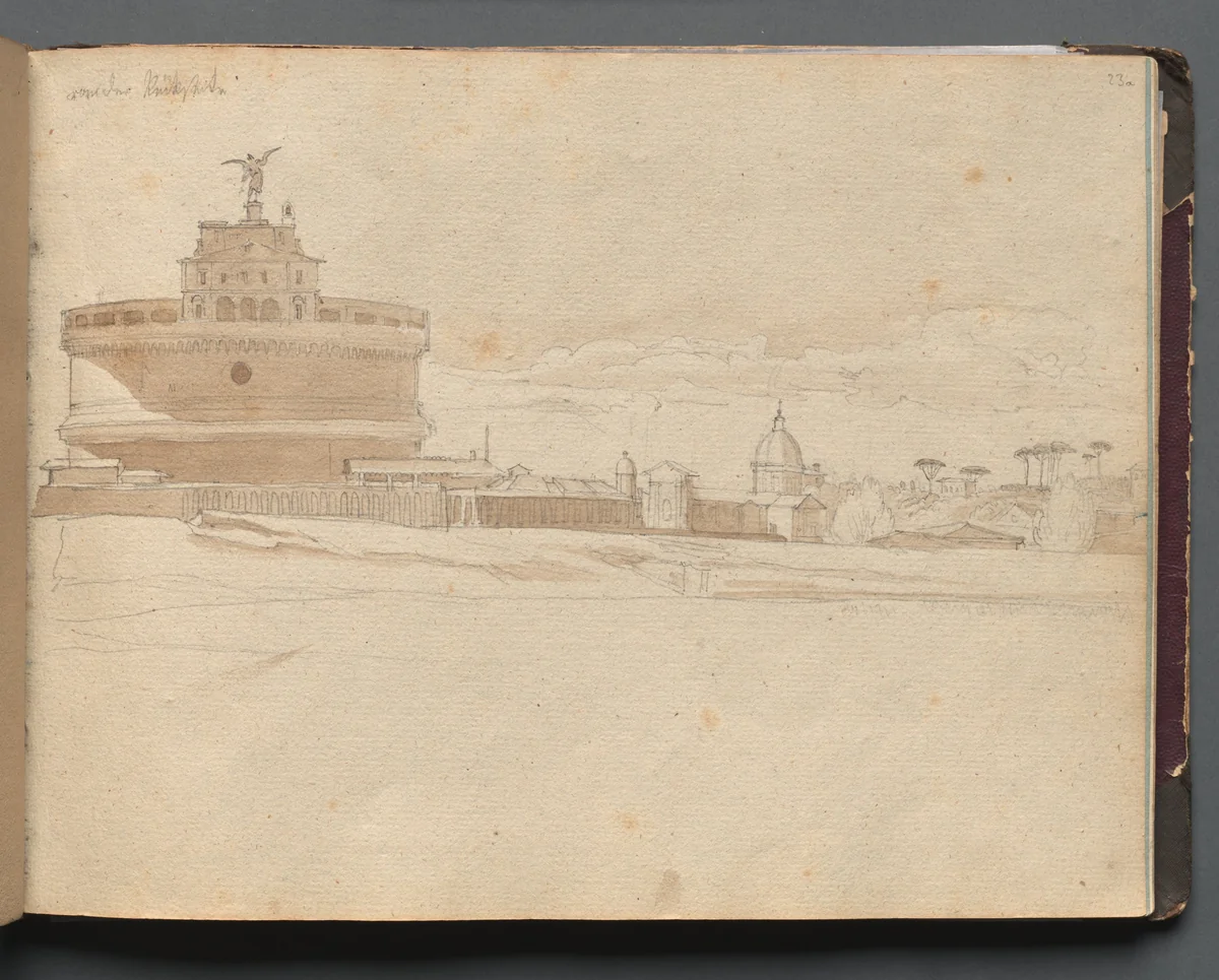 Album with Views of Rome and Surroundings, Landscape Studies, page 23a: Castle Saint Angelo, Rome by Franz Nadorp, book, 1830-1870