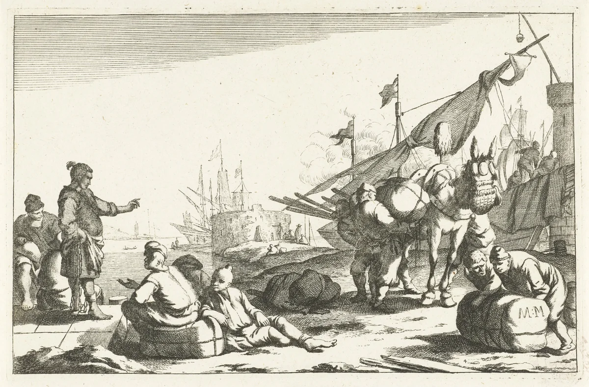 Haven met kooplieden en pakezel by Johannes Gronsveld, print, 1679-1728