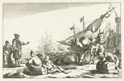 Haven met kooplieden en pakezel by Johannes Gronsveld, print, 1679-1728
