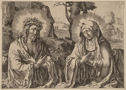 The Savior and the Virgin by Simon Frisius; Lucas van Leyden, print, 1580-1629