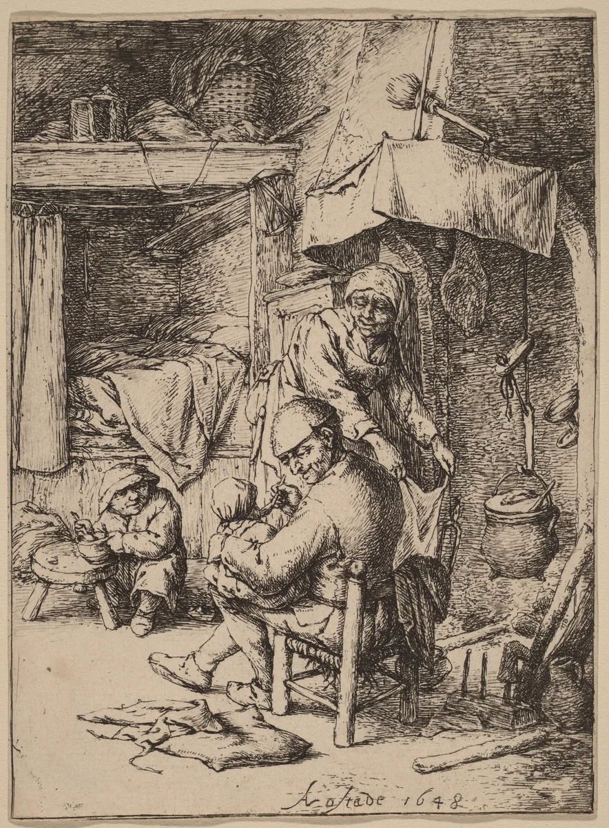 Peasant Family in an Interior wtih the Father Feeding a Child by Adriaen van Ostade, print, 1648